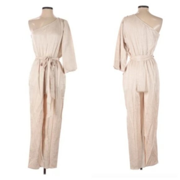 NWT BCBGMAXAZRIA Beige Puff Sleeve Jumpsuit - Picture 4 of 4